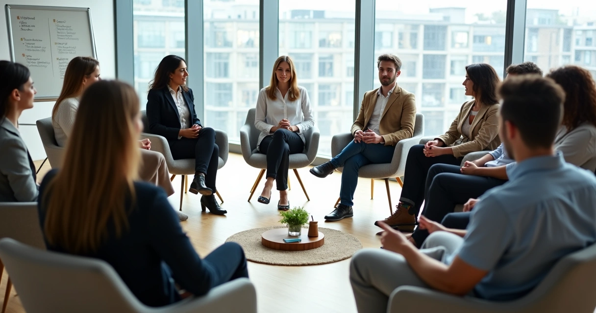 Equipe corporativa sentada em círculo em sessão de mediação restaurativa 