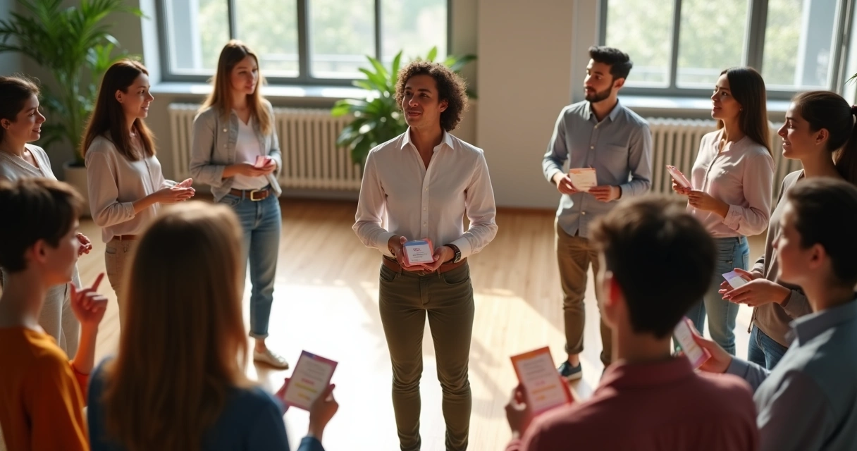 Líder y equipo de pie formando un círculo con tarjetas de retroalimentación positiva 