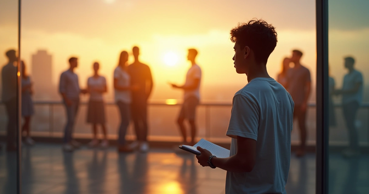Persona observando su círculo social reflejado en múltiples siluetas alrededor 