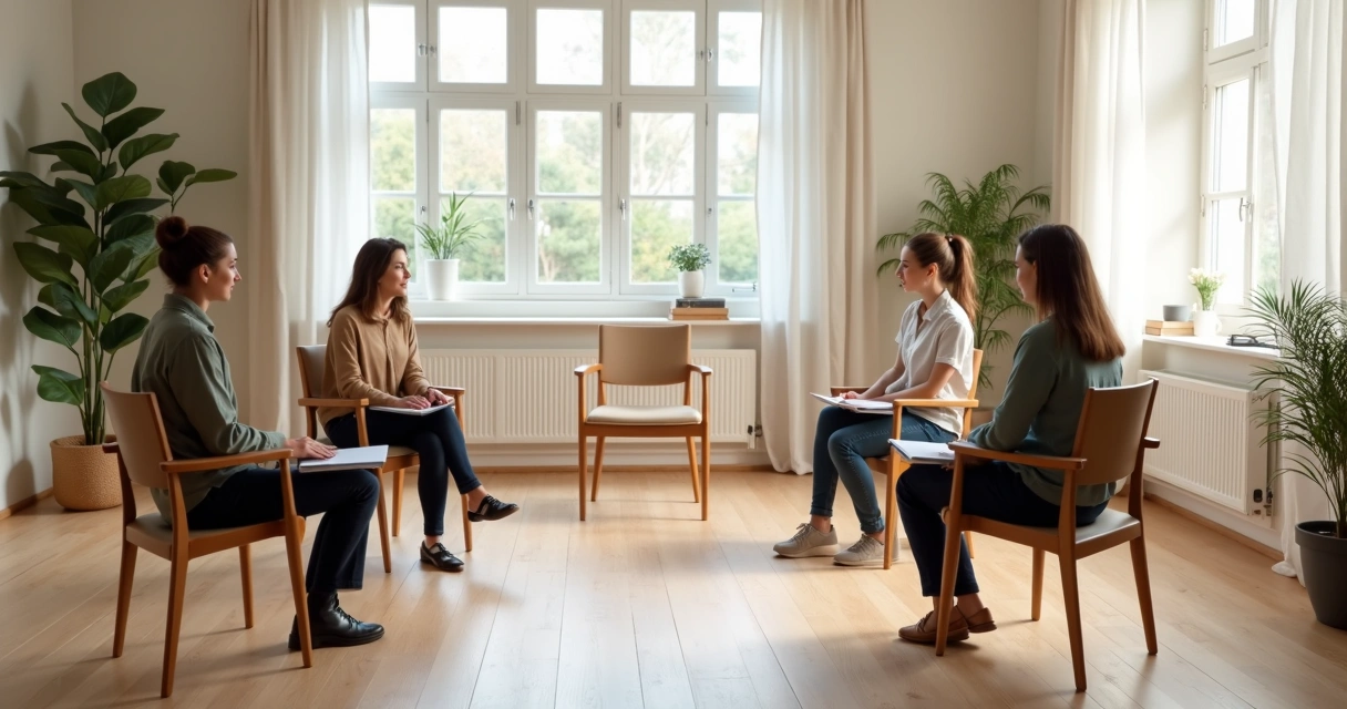 Grupo em roda com cadeiras em sala clara