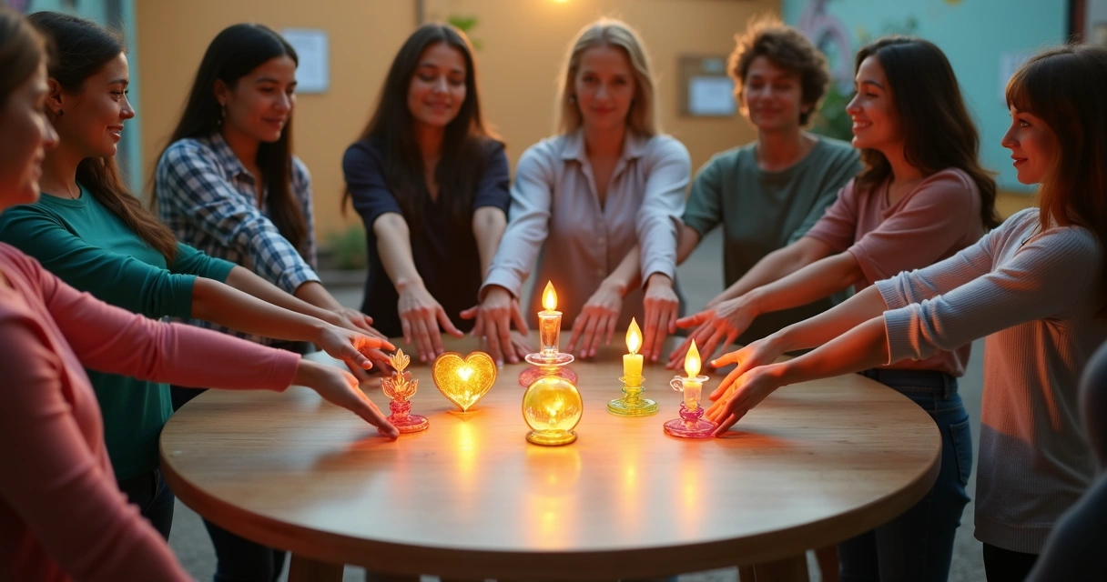 Grupo diverso en círculo uniendo las manos sobre símbolos de valores espirituales 