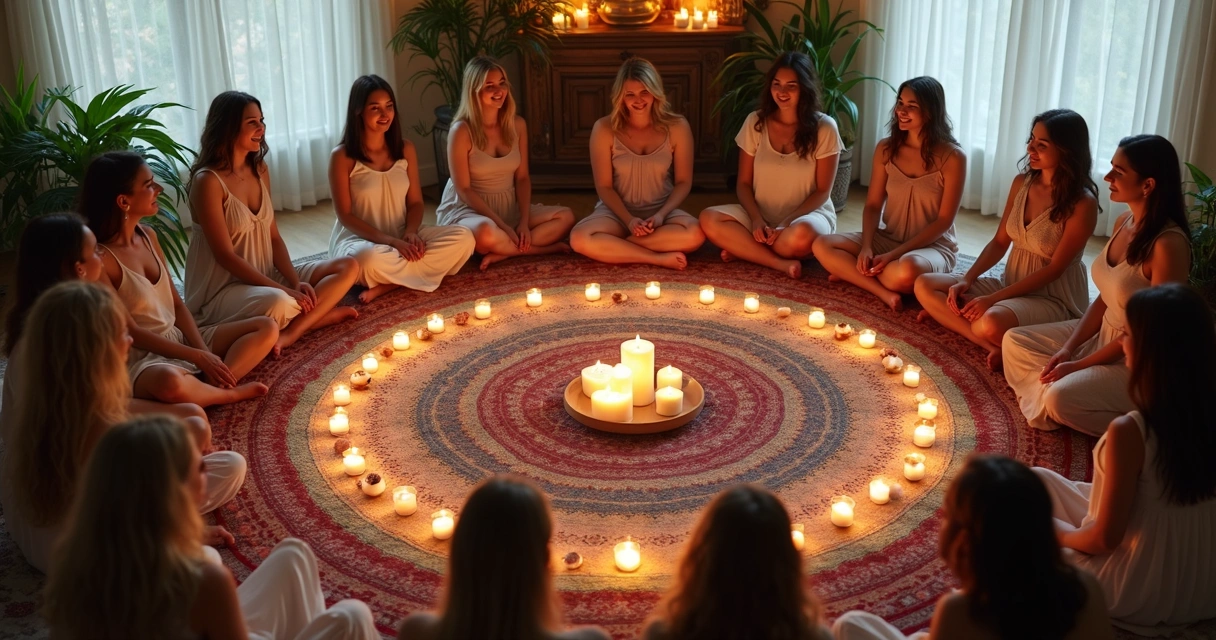 Mulheres sentadas em círculo com velas ao centro.