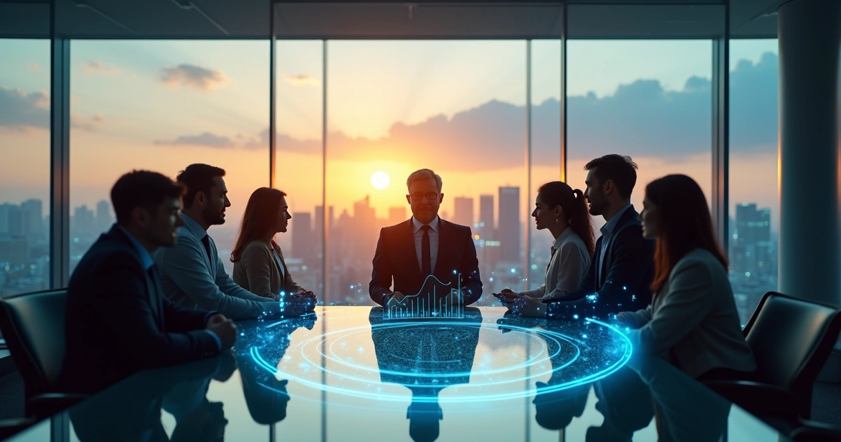 Líder e equipe em círculo conectados por linhas de confiança sobre cidade e gráficos 