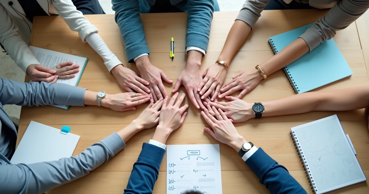 Manos de un equipo formando un círculo de confianza sobre una mesa