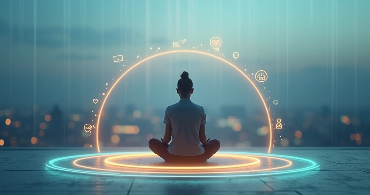 Persona meditando rodeada de círculos de influencia conectados 