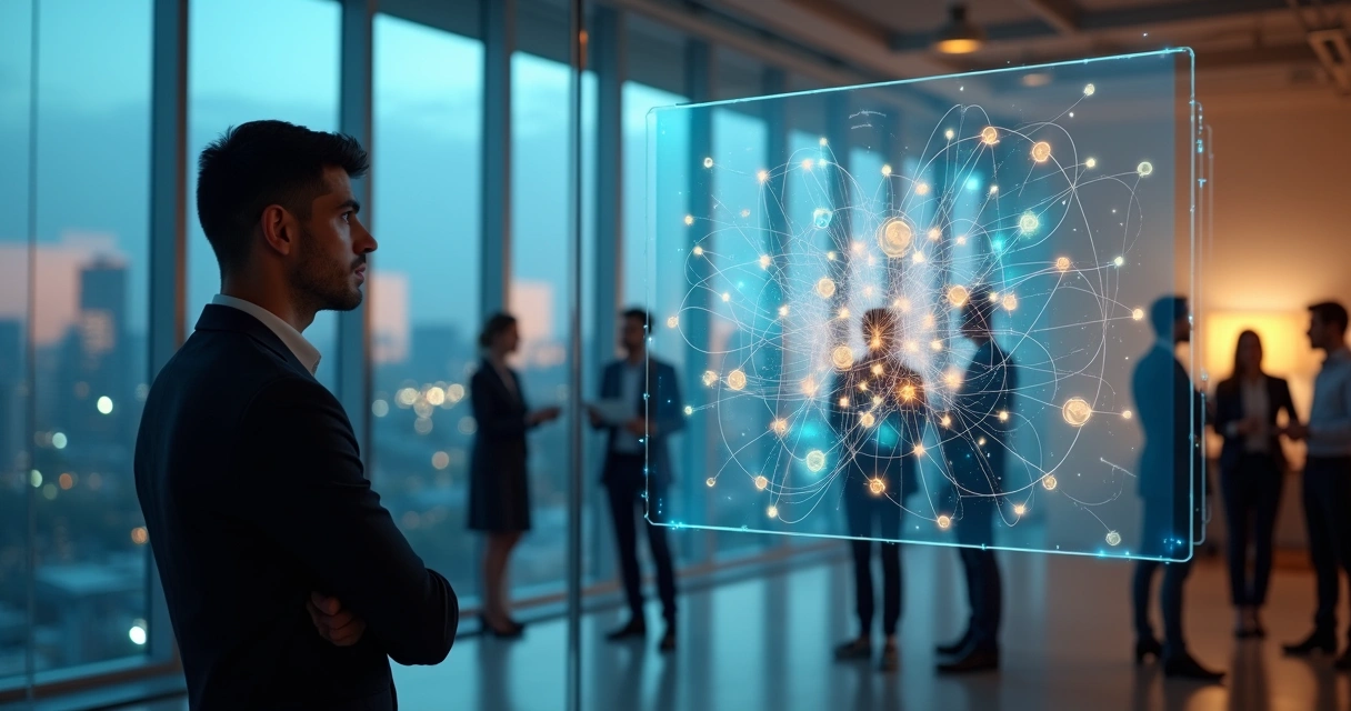 Líder observando red de conexiones invisibles en una organización moderna 