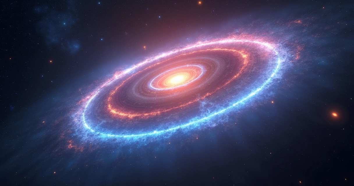 Estrutura dupla em anel gigante feita de energia de rádio no espaço profundo, com cores em tons de azul e vermelho sobre fundo escuro estrelado 