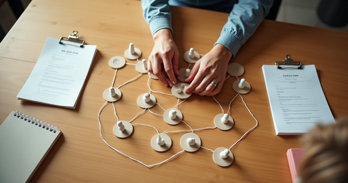 Figuras y círculos conectados sobre una mesa de trabajo