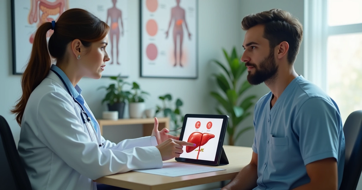 Médica explica sinais iniciais de cirrose mostrando ilustração do fígado a um paciente 
