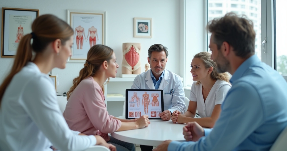 Pacientes conversando com cirurgião em consultório antes de abdominoplastia