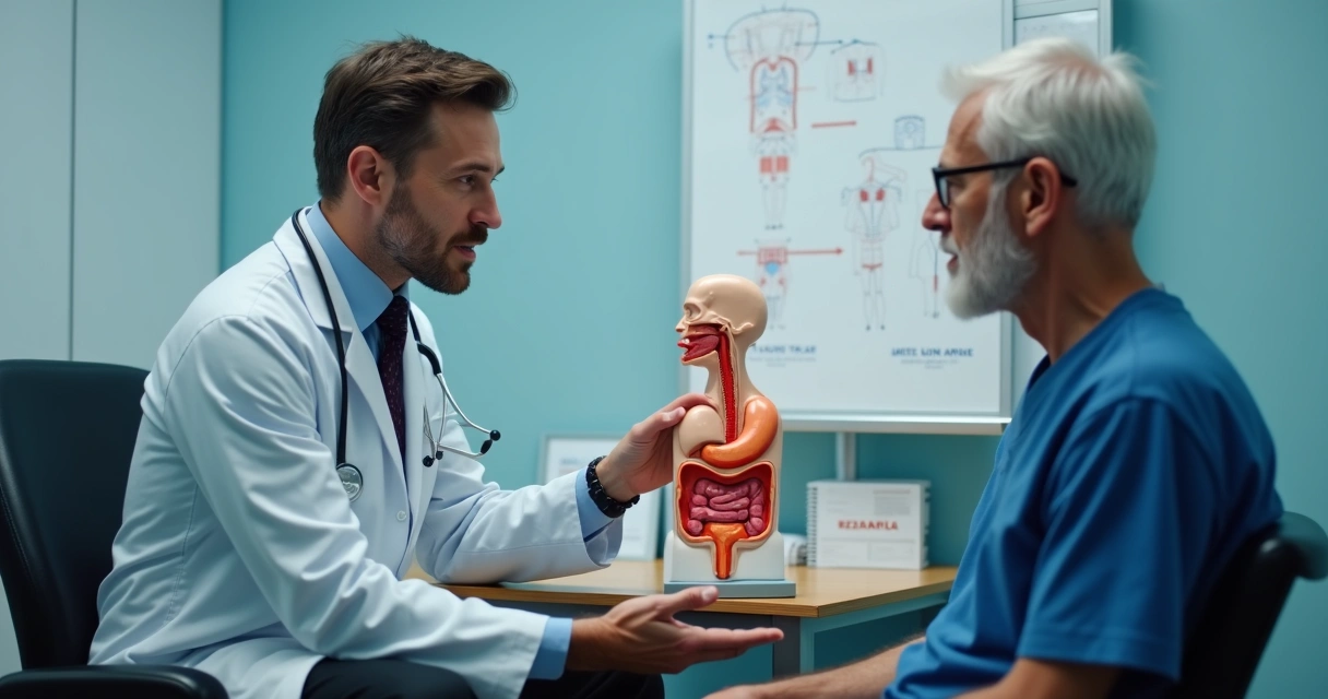 Médico explicando procedimento de cirurgia antirrefluxo com modelo anatômico para paciente sentado 