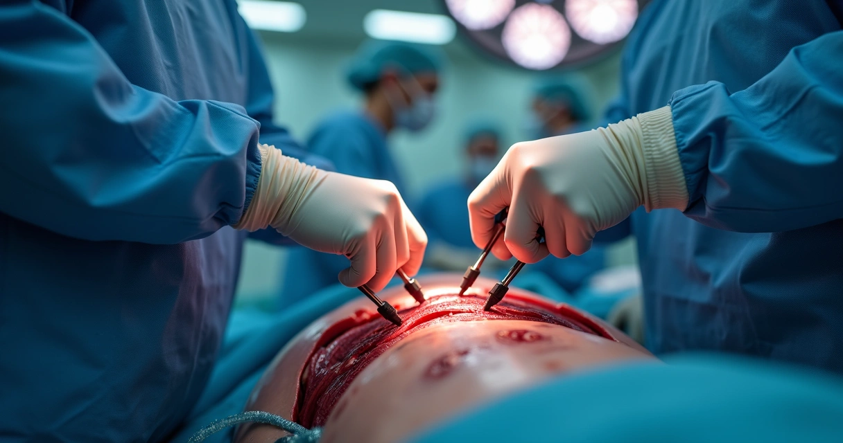 Cirurgião realizando procedimento em aorta com equipe de apoio. 