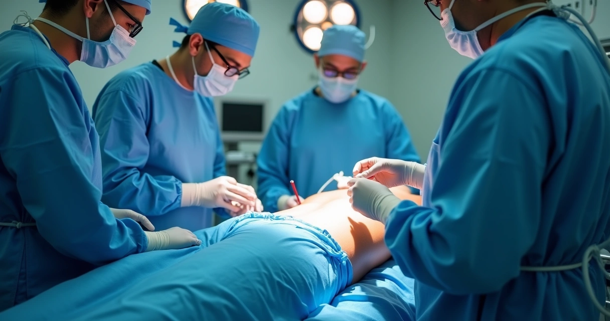 Equipe médica realizando cirurgia peniana em sala cirúrgica bem iluminada