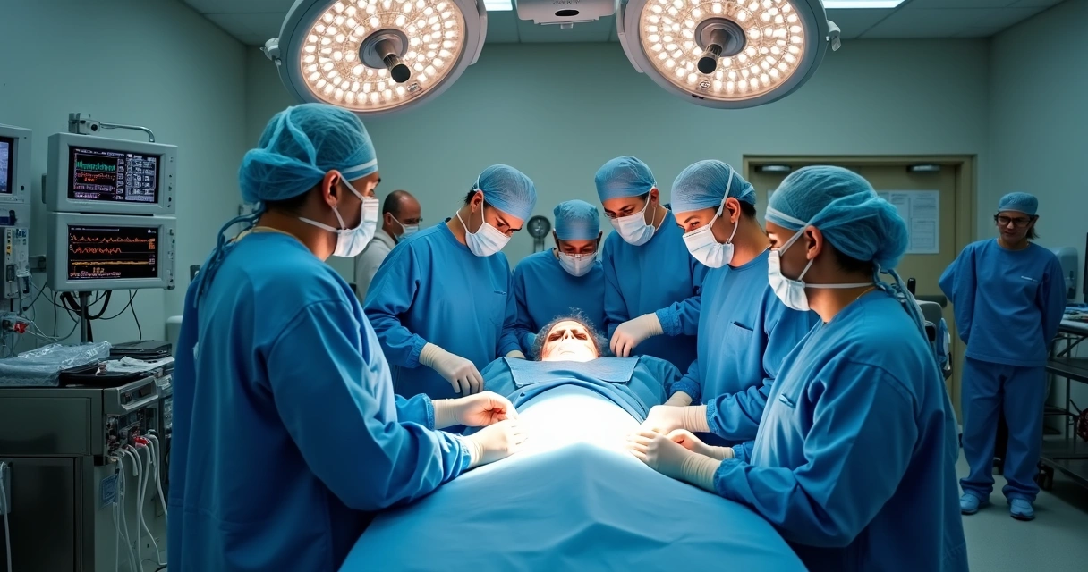 Equipe médica realiza cirurgia bariátrica em sala cirúrgica moderna 