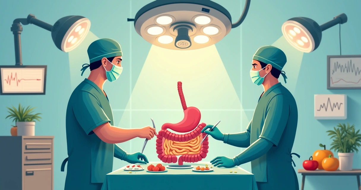 Ilustração detalhada de uma cirurgia bariátrica com um cirurgião, mesa cirúrgica, e elementos relacionados à recuperação.