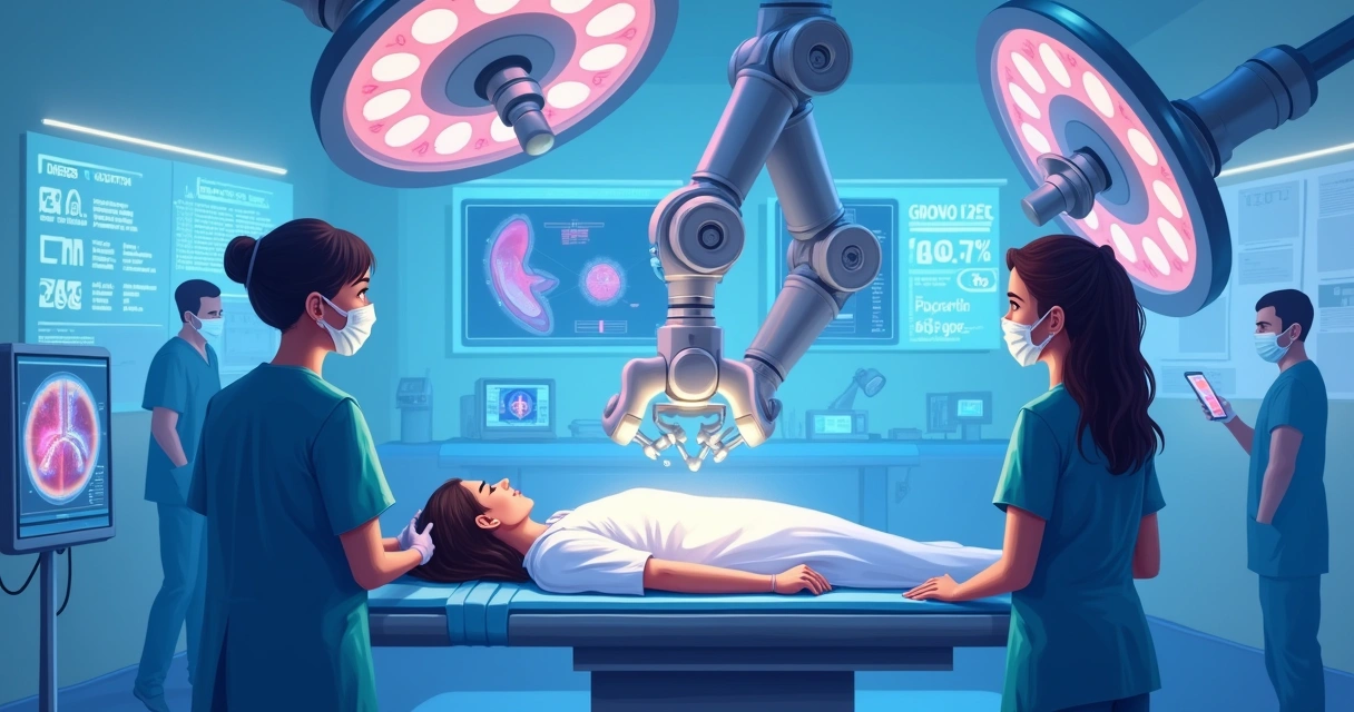 Ilustração de um robô realizando cirurgia bariátrica em um ambiente médico com equipe observando. 