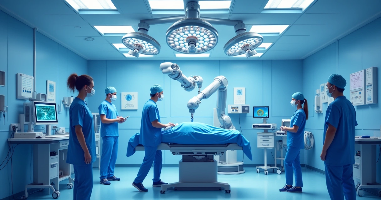 Ambiente cirúrgico avançado com robô realizando cirurgia bariátrica em paciente, equipe médica focada.