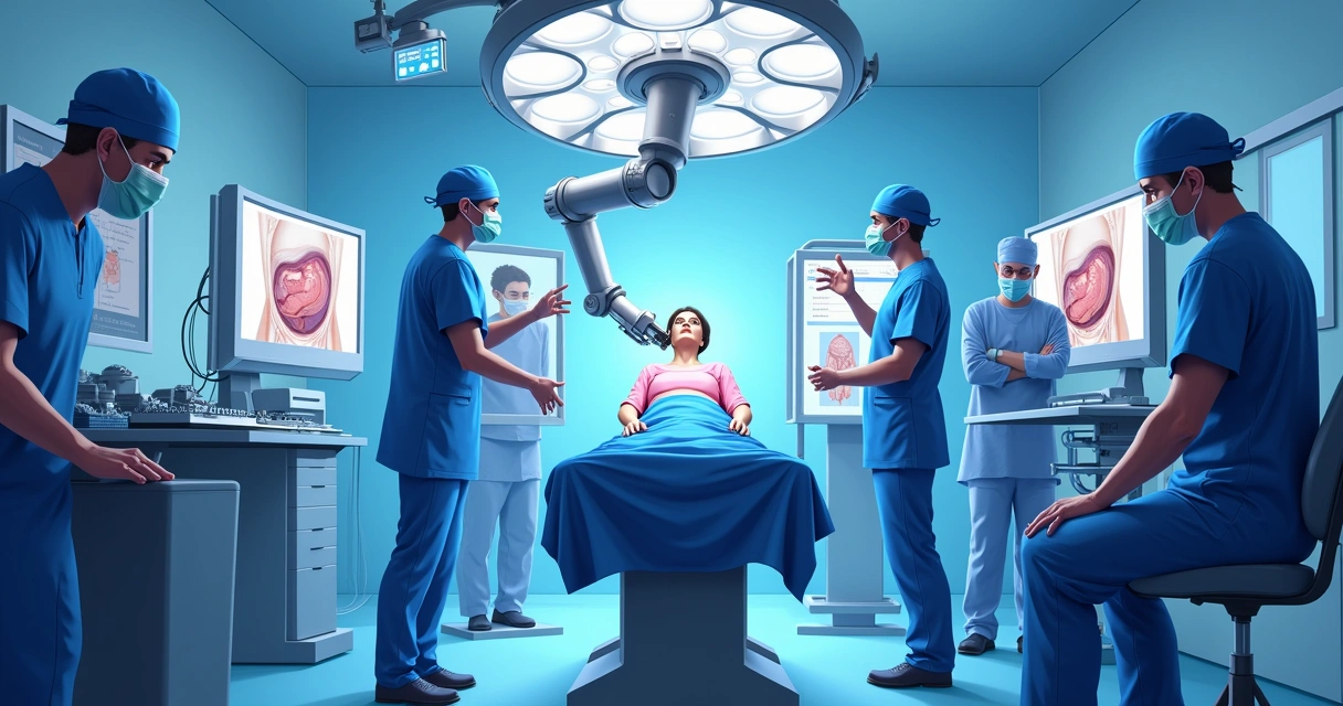 Ambiente de cirurgia bariátrica robótica com equipe médica e robôs, transmitindo tecnologia e cuidado.