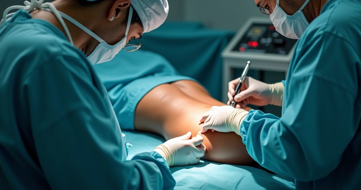 Médico realizando cirurgia minimamente invasiva em paciente deitado de bruços com foco na região lombar 