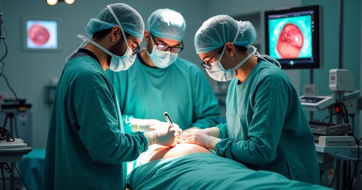 Equipe médica realizando colecistectomia em centro cirúrgico