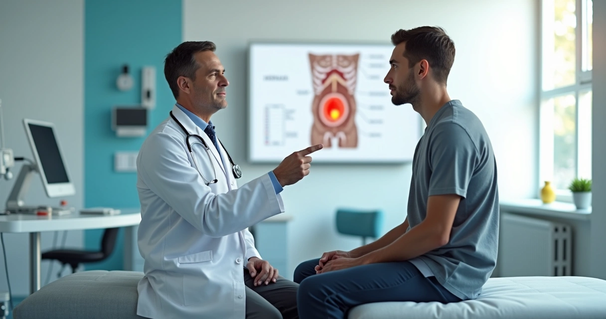 Paciente conversando com cirurgião sobre cirurgia de hérnia em consultório moderno 