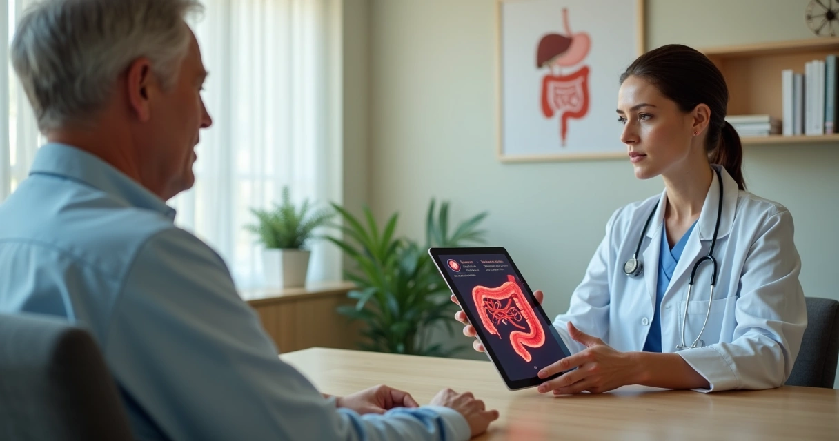 Cirurgiã mostra em tablet ilustração de intestino com divertículos a paciente 
