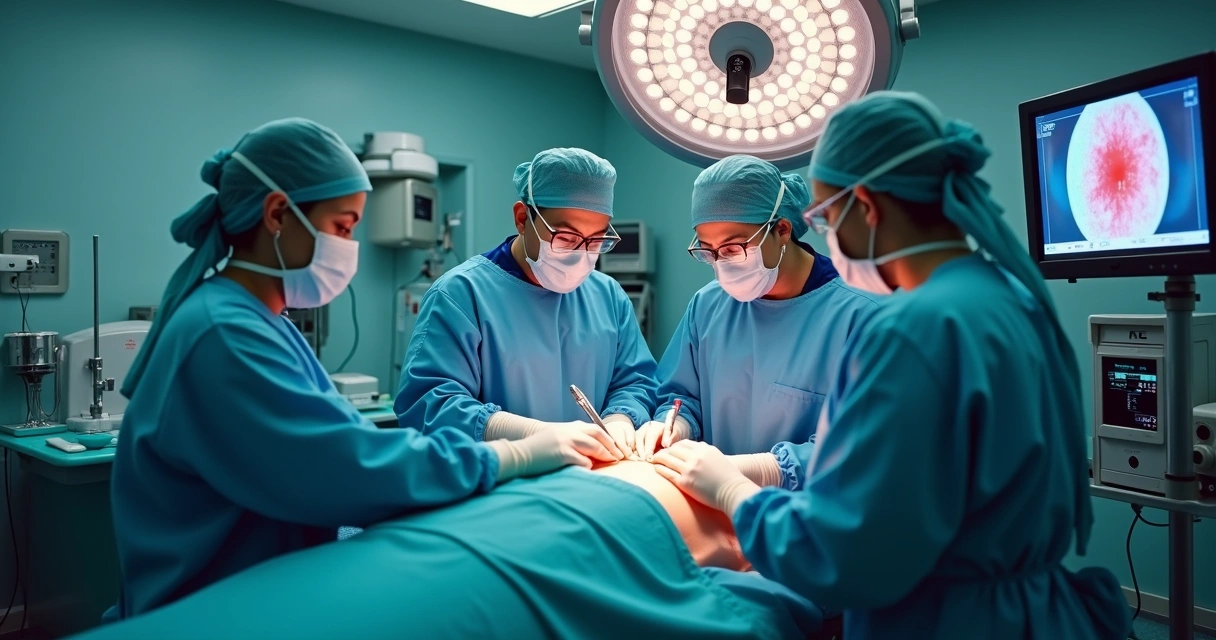 Equipe médica realizando laparoscopia em paciente mulher 