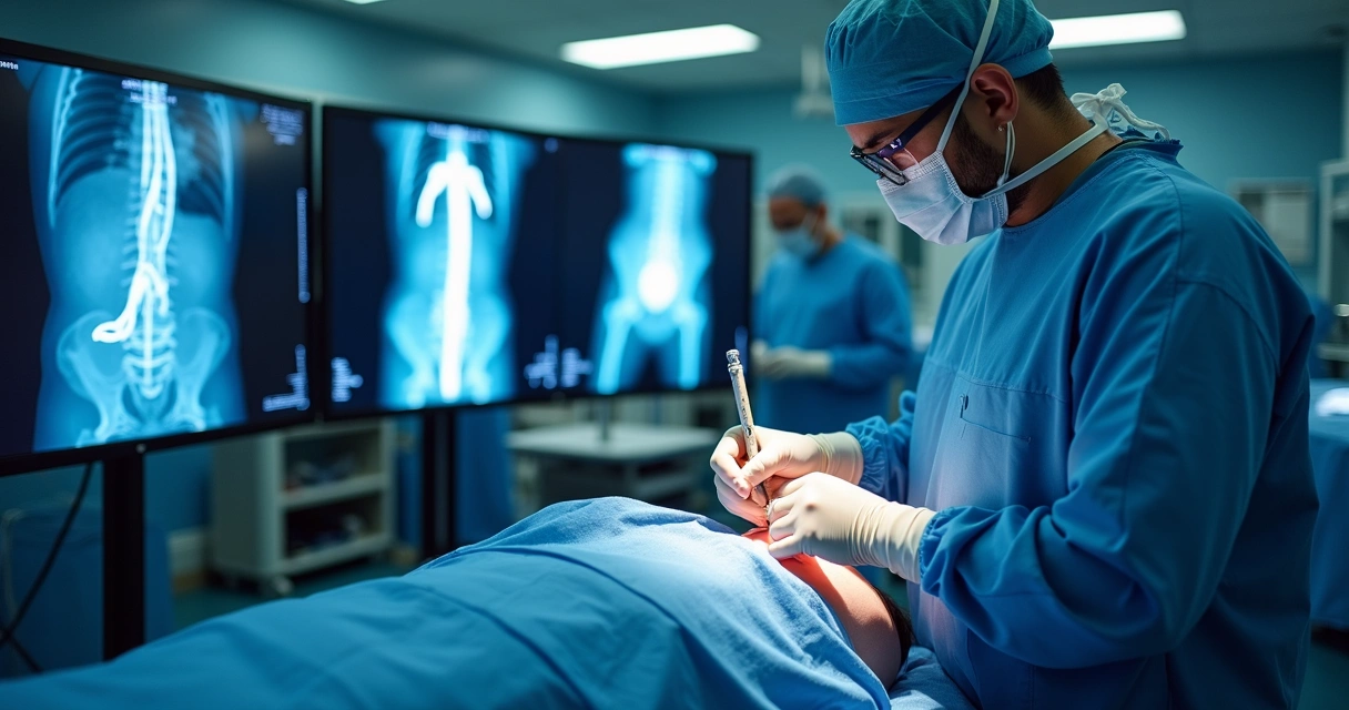 Cirurgião vascular guiando endoprótese em procedimento minimamente invasivo 