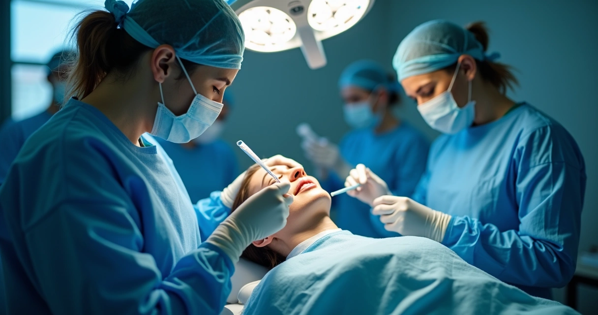 Detalhes de cirurgia estética facial sendo realizada por um cirurgião-dentista com foco no rosto do paciente 