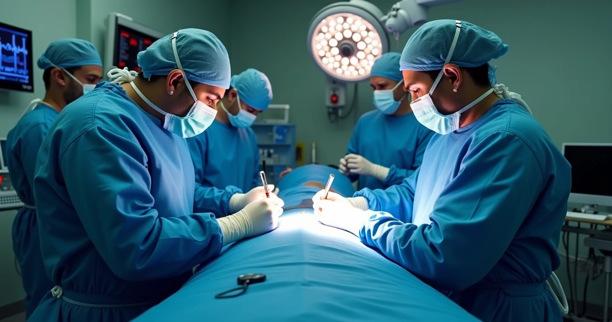 Cirurgião realizando faloplastia em centro cirúrgico com equipe