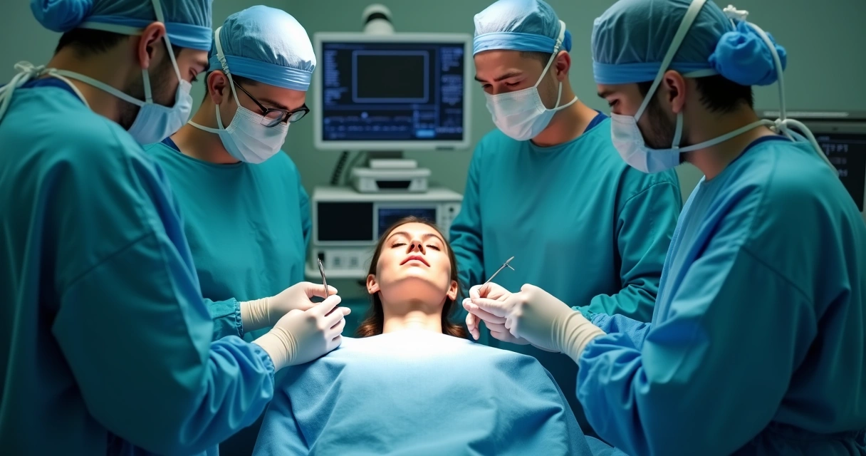 Equipe médica realizando cirurgia reconstrutiva facial em paciente trans. 