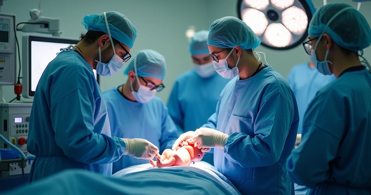 Equipe médica realizando cirurgia fetal em sala cirúrgica moderna