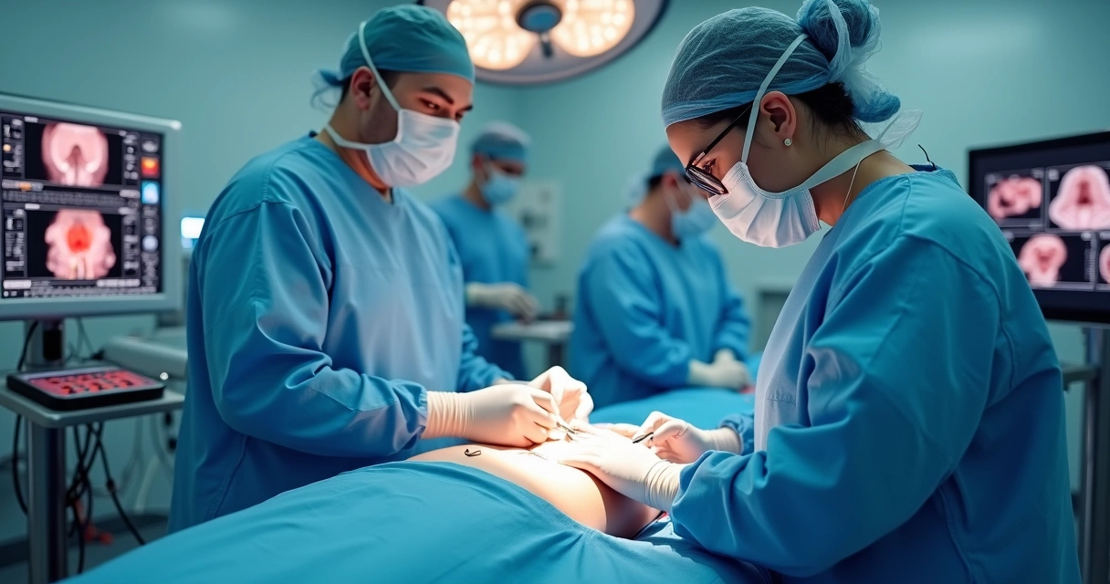 Equipe realizando cirurgia ginecológica minimamente invasiva em centro cirúrgico moderno 