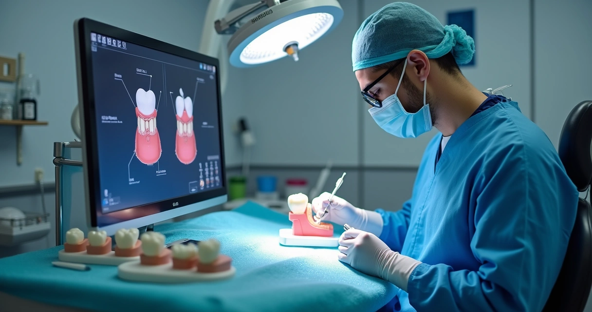 Cirurgia guiada de implantes dentários com planejamento digital exibido na tela. 