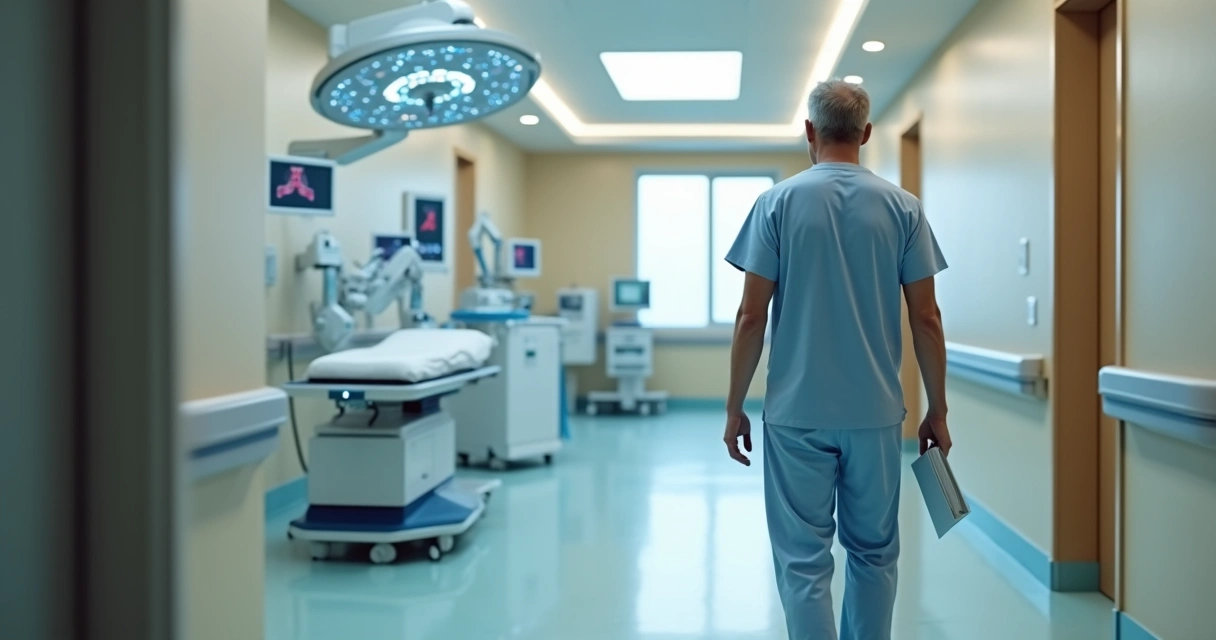 Paciente caminhando em corredor de hospital após cirurgia de hérnia inguinal robótica 