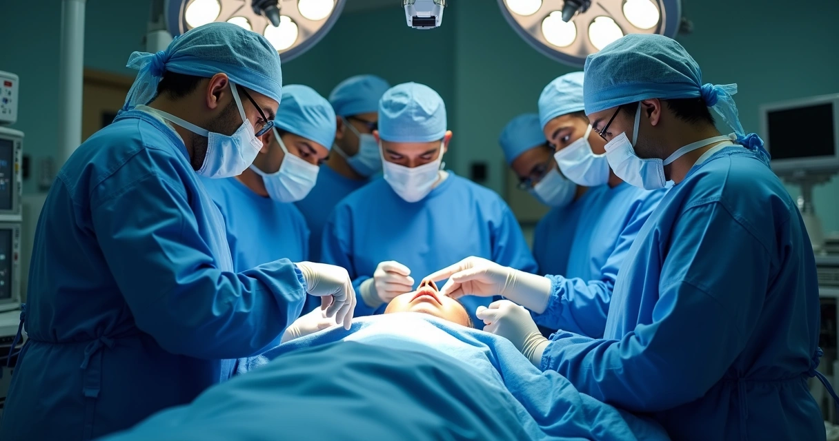 Equipe médica realizando cirurgia bariátrica em paciente em sala de cirurgia 