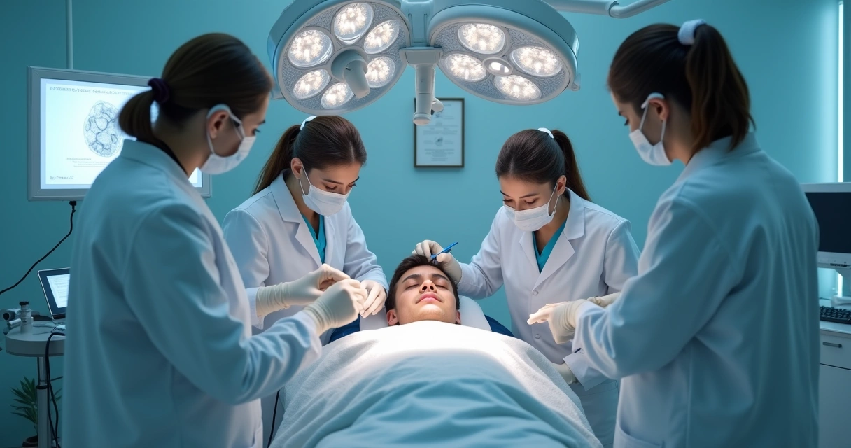 Equipe médica realizando implante capilar em paciente com cabelo curto 