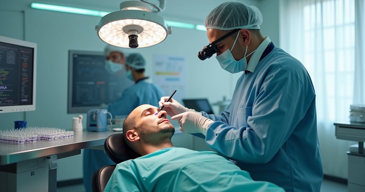 Médico realiza implante capilar em paciente em centro cirúrgico moderno 
