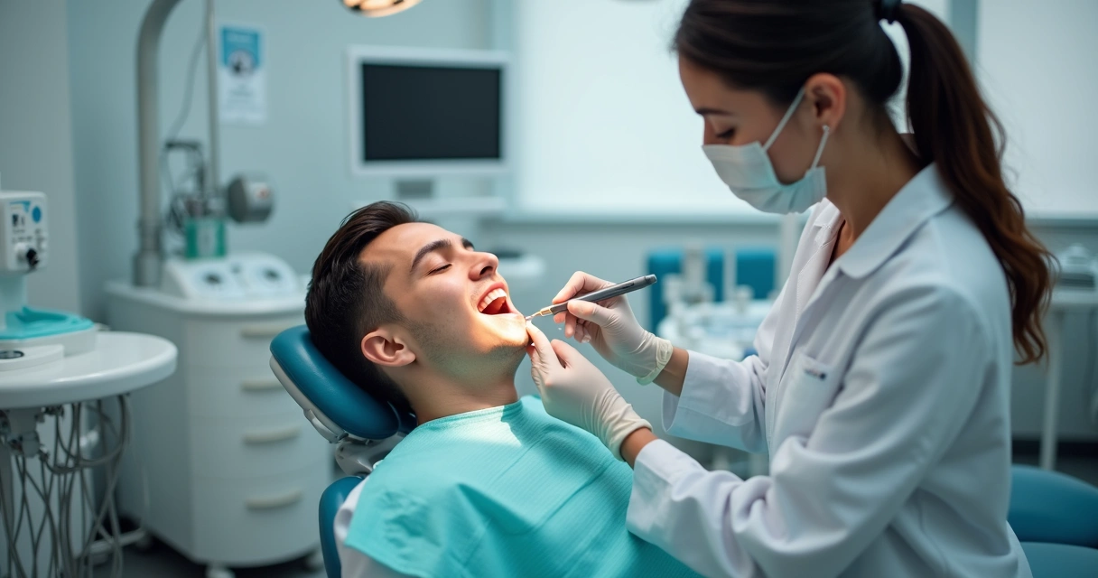 Cirurgião-dentista realizando implante de carga imediata em paciente jovem, sala clínica moderna