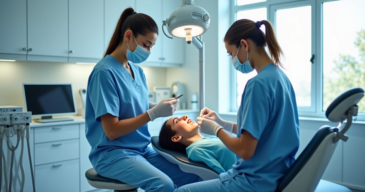 Procedimento de implante dentário em consultório moderno 