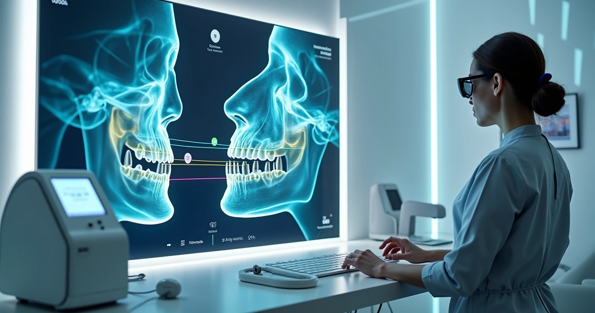 Cirurgião realiza planejamento de implante dentário guiado em tela 3D. 