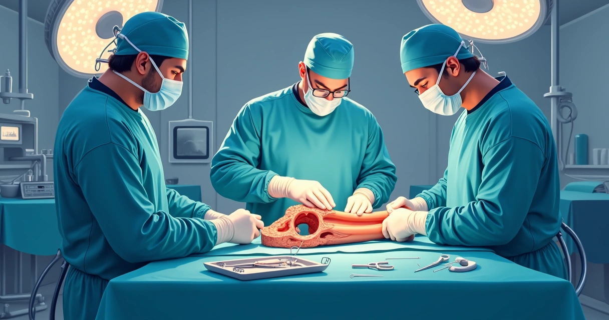 O papel da rifampicina em infecções ósseas com implante 2 Cirurgiões realizando desbridamento em prótese de quadril com instrumentos cirúrgicos ao redor do campo operatório