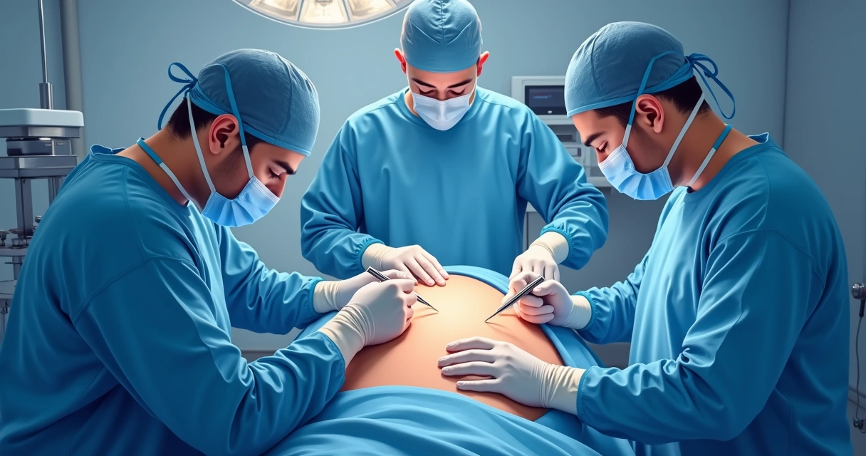 Cirurgiões realizando implante peniano com foco na sala de cirurgia. 