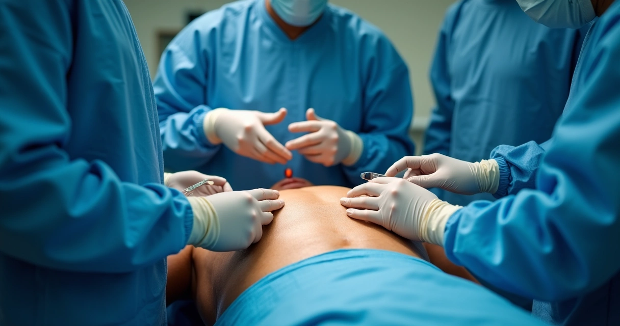 Equipe médica realizando cirurgia de implante de prótese peniana 