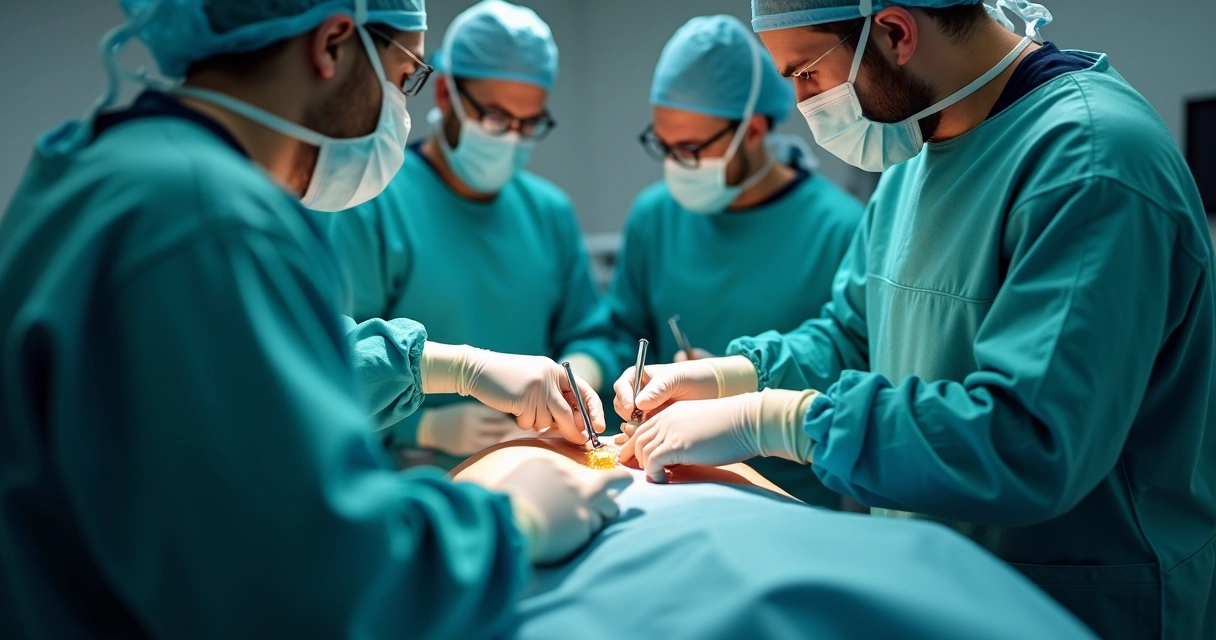 Equipe médica realizando implante peniano em centro cirúrgico