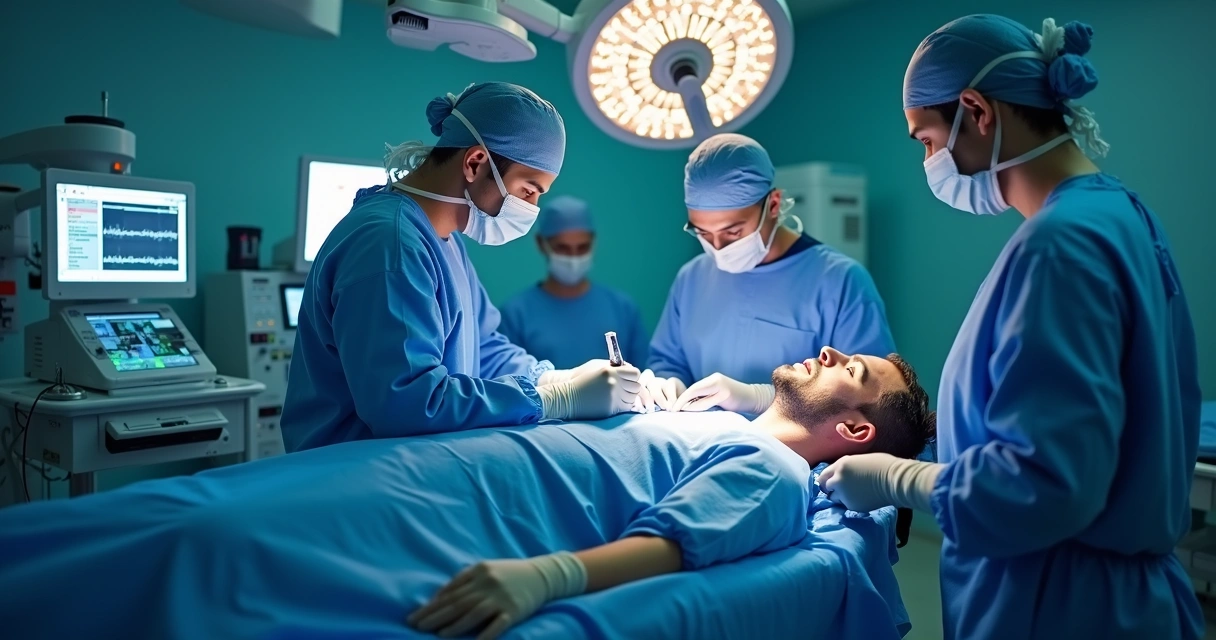 Sala cirúrgica de hospital com equipe médica realizando implante peniano