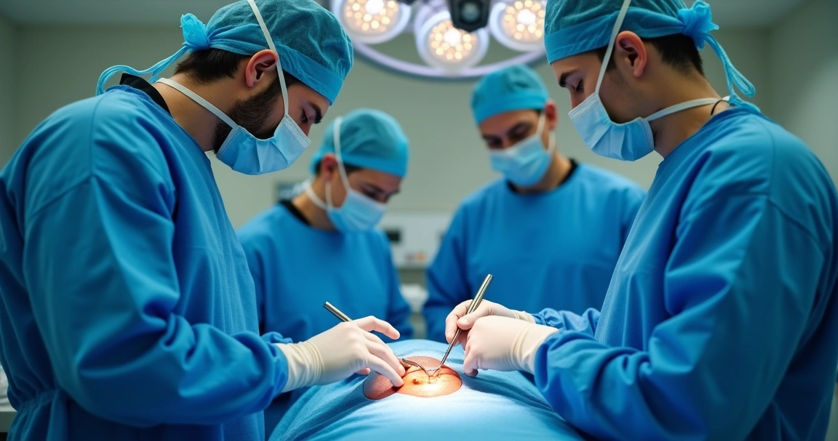 Equipe médica realizando cirurgia de implante peniano em sala de cirurgia 