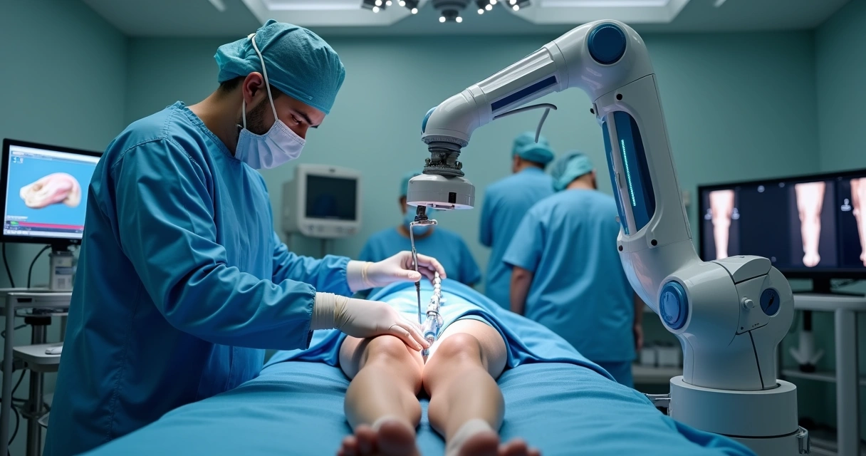 Cirurgião controlando robô médico durante procedimento no joelho 