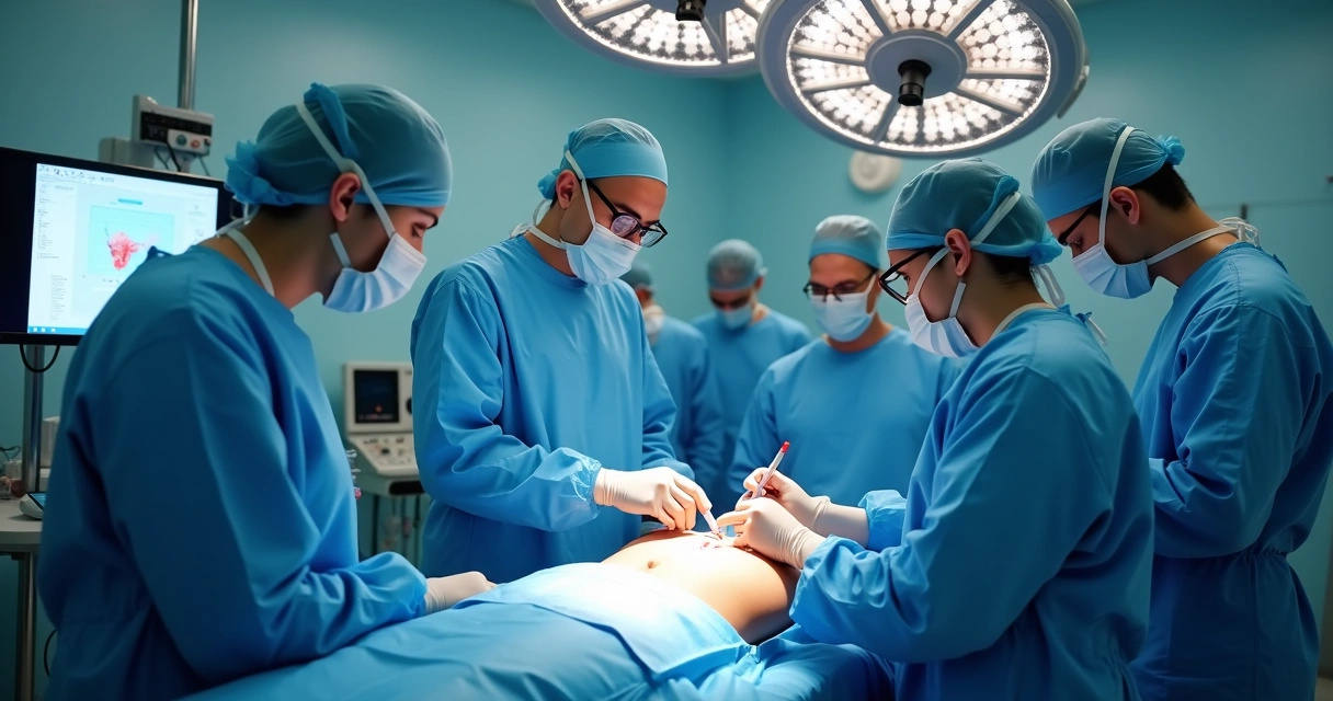 Equipe médica em cirurgia laparoscópica ginecológica