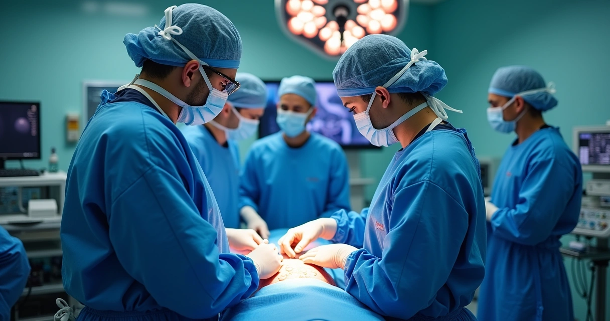 Equipe médica realiza cirurgia laparoscópica em ambiente hospitalar 